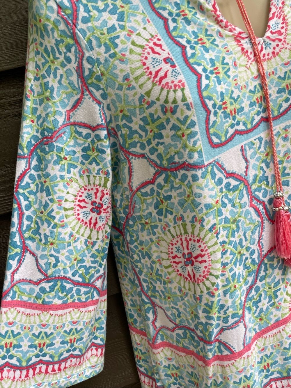 Ruby Rd Boho Medallion Tassel Top Rayon 3/4 Sleeve Pastel Tunic Women's PS - Picture 6 of 14